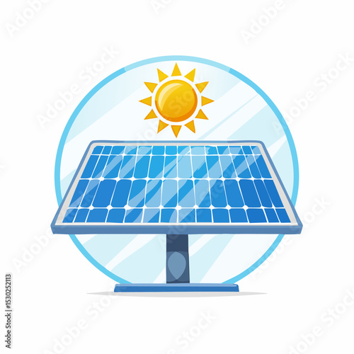 Illustration depicts a solar panel absorbing sunlight, representing renewable energy.