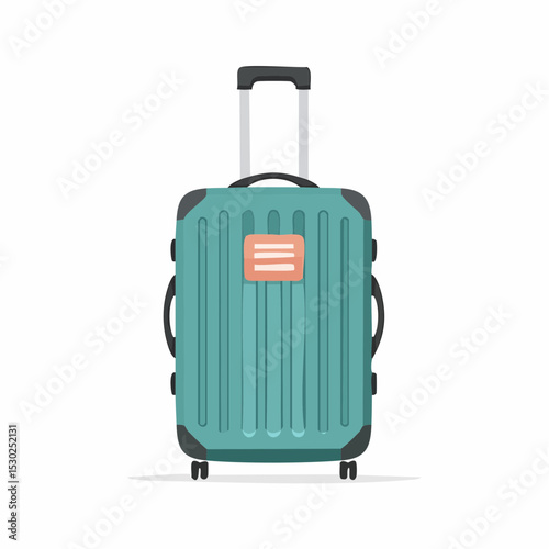 Teal rolling suitcase ready for travel, featuring a luggage tag.