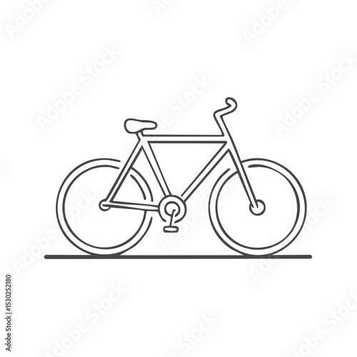 A minimalist line drawing of a bicycle, featuring its frame, wheels, seat, and handlebars, resting on a flat surface.