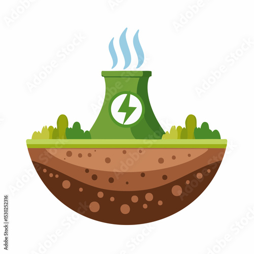 Green energy plant emitting clean steam, nestled in a grassy landscape, showcasing sustainable power generation.