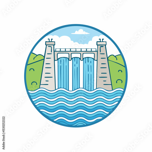 Illustration of a dam with water flowing through it, set against a landscape with hills and clouds.