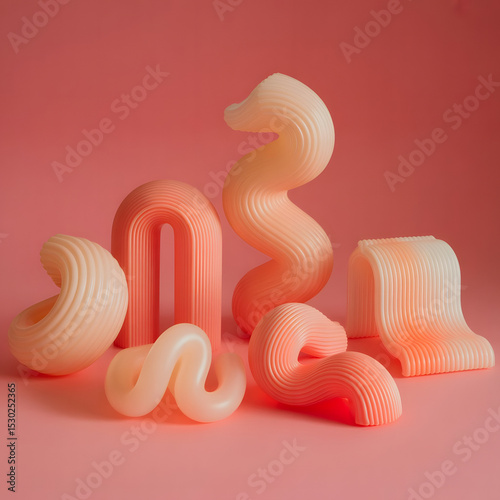 Abstract colorful sculptural shapes with wave patterns on pink background for modern art concept