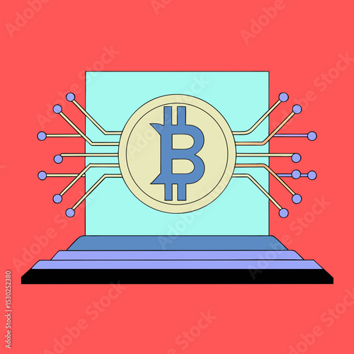 Bitcoin on a platform with circuit board background art