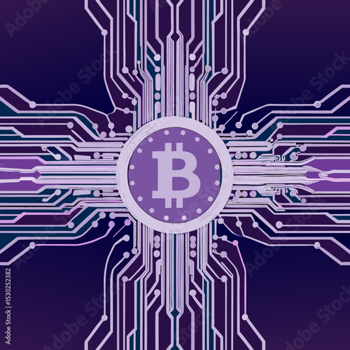 Purple bitcoin coin with circuit board design background