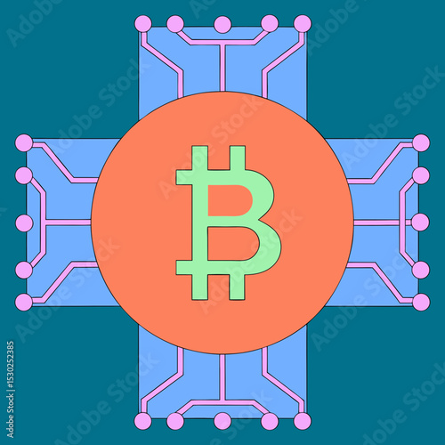 Bitcoin symbol on circuit board in a cross shape design