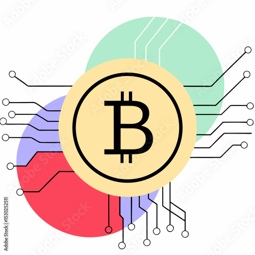 Bitcoin symbol with circuits and colored circles design