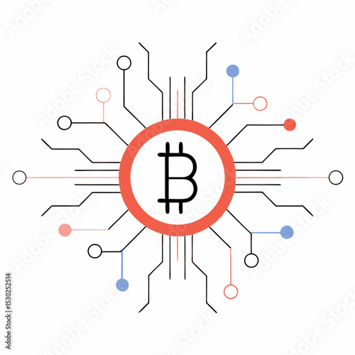 Bitcoin symbol in a red circle with connecting lines art