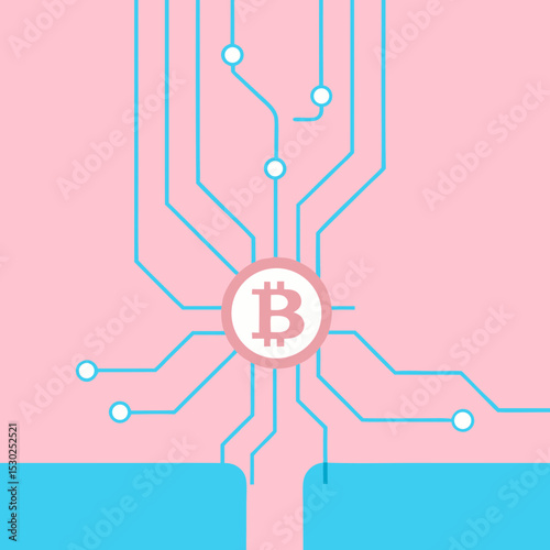 Bitcoin symbol connected to a network on pink background