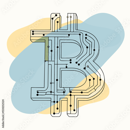 Bitcoin symbol with circuit board design and color accents