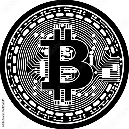 Illustration of a bitcoin with circuit board design inside