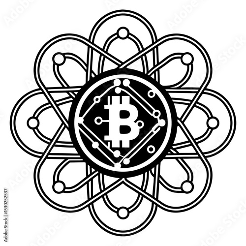 Bitcoin symbol inside a floral pattern black and white art