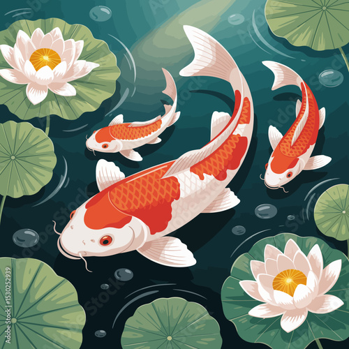 Koi Fish in Pond with Water Lilies