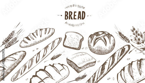 Bread sketch set. Vector bakery. Vintage food. Wheat loaf, flour bag with shovel, bun, ear illustration. Hand drawn icon set.doodle, draw, grain, outline, seed, crop, drawing, drawn, ear, slice,