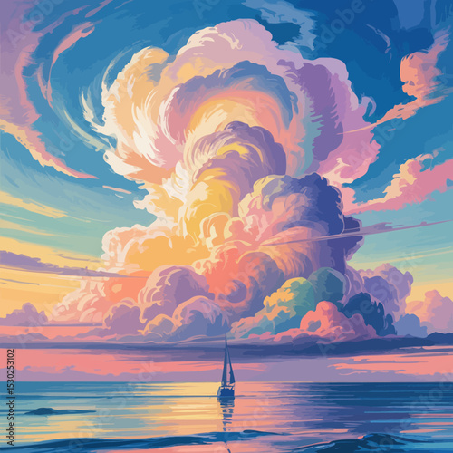Sailboat on a Serene Ocean with Colorful Clouds