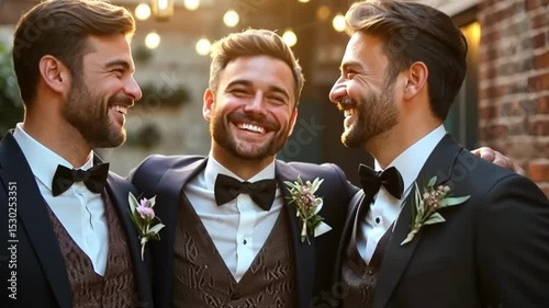 Three friends celebrate together in elegant suits during a joyful outdoor gathering in a charming urban setting