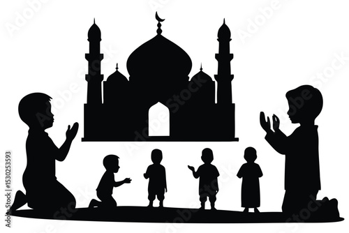 Children playing near a mosque vibrant illustration