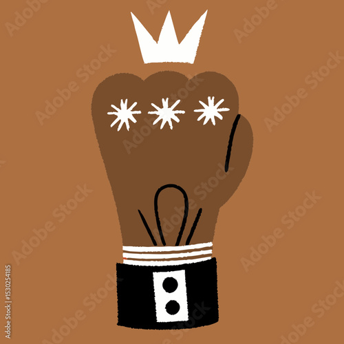 Illustration of a fist with a crown and stars on brown