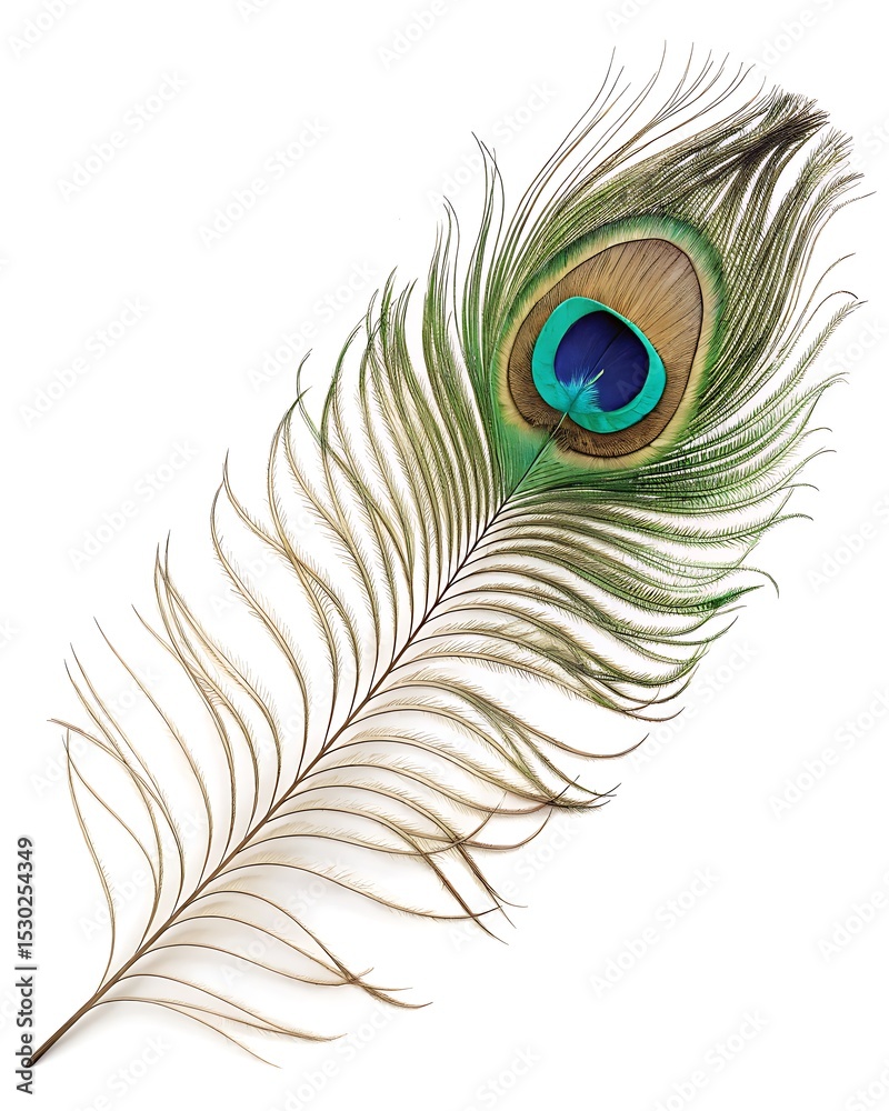 Obraz premium Vibrant Peacock Feather: Close-up of a Single Elegant Feather with Detailed Eyespot AI generated