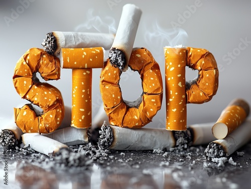 Strong anti-smoking message created with cigarettes forming the word stop on a white background
