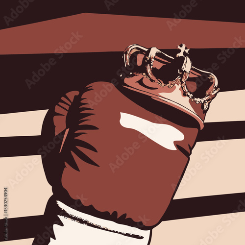 Boxing glove topped with a crown in a striped background