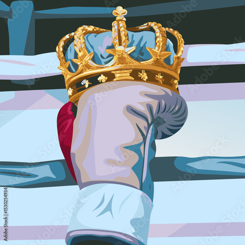 A boxing glove topped with a golden crown in the ring