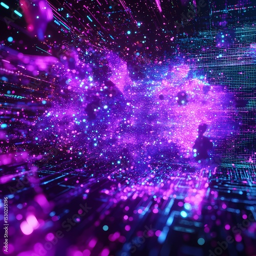 Abstract fiber optics background with glowing light spots and a digital technology concept pattern