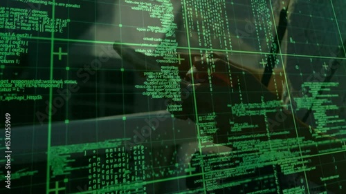 Woman typing code on laptop desk causing green grid and code overlay shifting for technology demo
