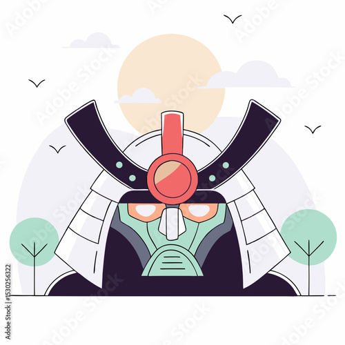 Illustration of a samurai robot with trees and birds art