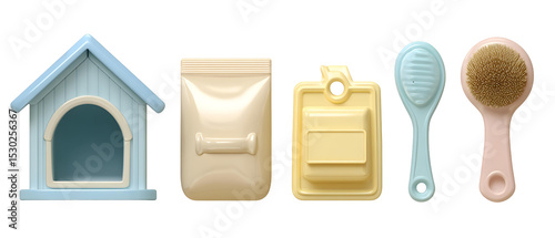 A collection of five pastel colored pet accessories and supplies including a dog house food pouch squeaky toy ID tag and grooming brush arranged in a stylized 3D cartoon on a transparent background