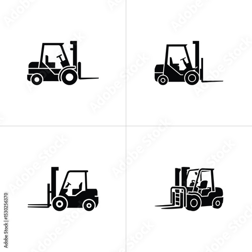 Black and White Forklift Icons Arranged in a FourPanel Grid on White Background