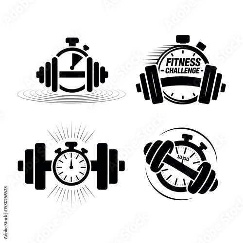 Black and white silhouette icons of dumbbells and stopwatches – fitness challenge, gym workout, timer and training logo set – minimal vector illustrations for health and sport branding.