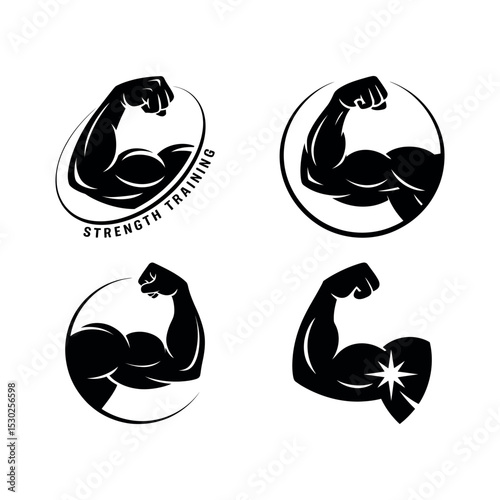 Silhouette of Flexed Bicep Arm | Black and White Strength Training Fitness Logo Icons for Gym, Bodybuilding, and Workout Branding