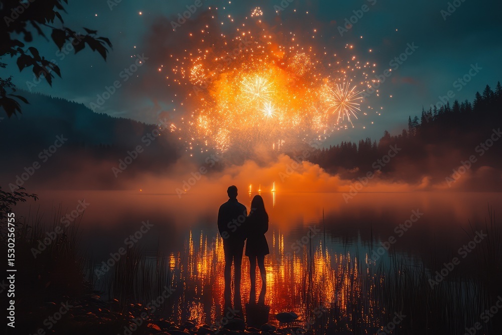 Fototapeta premium Couple enjoys mesmerizing fireworks reflecting on the tranquil lake during a peaceful summer night celebration