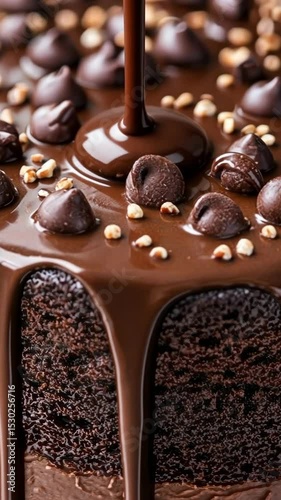 Decadent chocolate cake being topped with rich ganache and chocolate chips in a close-up view