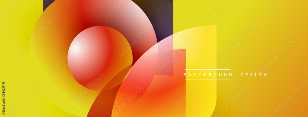 Fototapeta premium Abstract geometric shapes, vibrant yellow background, orange gradients, modern design elements. Smooth curves create dynamic composition.