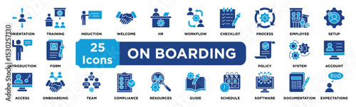 On boarding icon collection set. Containing orientation,training,induction,welcome,HR,workflow,checklist,process,employee,setup icon. dual tone vector.