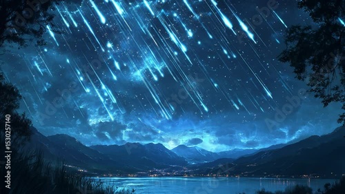 Nightfall meteor shower above still lake
