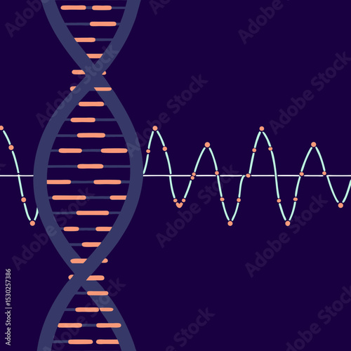 Dna structure and wave pattern on a dark blue background