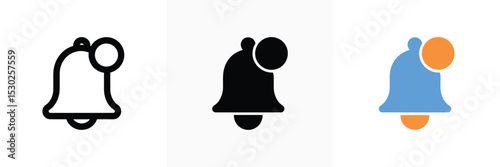 Isolated notification bell icons, outlined, solid black fill, and blue and orange versions