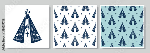 Collection of repetitive patterns of Our Lady of Aparecida, Virgin Mary. In a flat and minimalist style.