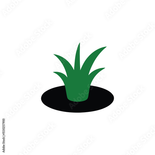 Simple Illustration of Green Grass Sprout Growing from Black Soil Patch on White Background