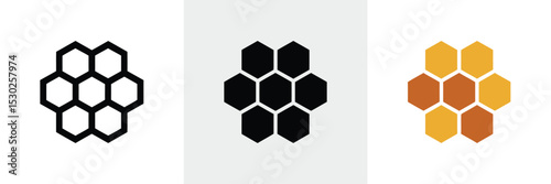 Three Honeycomb Illustrations Outline, Solid Black, and Colored Honeycomb, Graphics of Beehive Structure