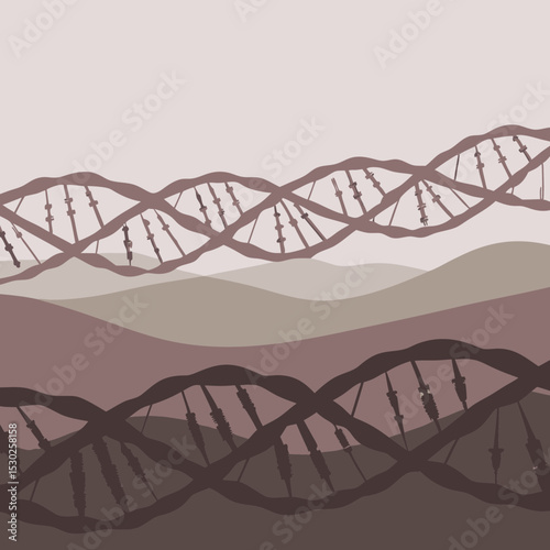 Dna strands over layered hills in sepia toned landscape