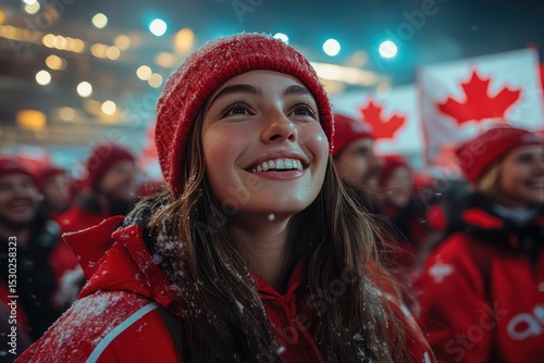 Enthusiastic hockey fans in red and white jerseys celebrate with pride under stadium lights at a thrilling national sport event