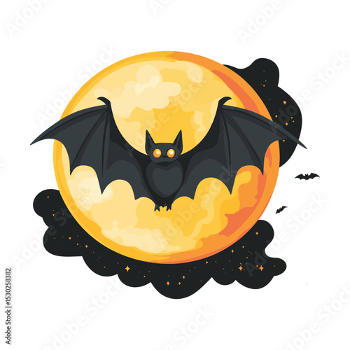 Black Bat Flying Before Orange Full Moon Night Sky