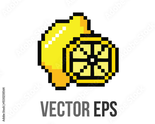 8 bits pixel art yellow lemon icon with sliced piece