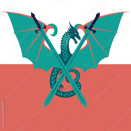 Teal dragon with crossed swords on a split color field