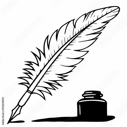 Illustration of a feather quill with ink bottle outline