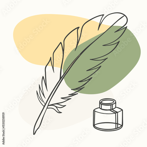 Illustration of a feather and inkwell with abstract shapes