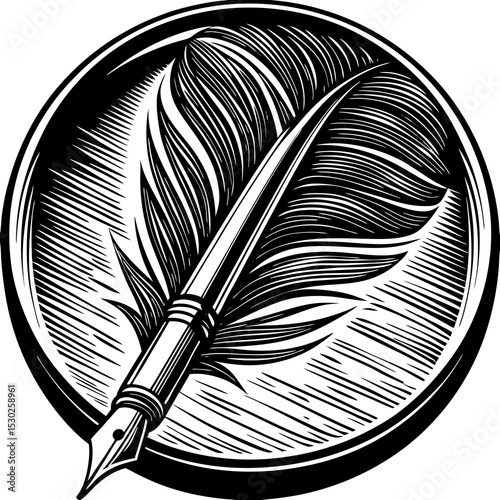 Illustration of a quill pen with feather in black and white